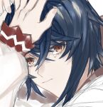  1boy alcryst_(fire_emblem) blue_hair closed_mouth fire_emblem fire_emblem_engage hair_between_eyes hand_on_own_head highres long_sleeves looking_at_viewer portrait red_eyes short_hair solo tearing_up tears white_background yonage_gm 