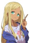  1girl :q absurdres aqua_eyes blonde_hair blue_jacket dark-skinned_female dark_skin gazacy_(dai) highres idolmaster idolmaster_cinderella_girls jacket layla_(idolmaster) licking_lips long_hair looking_at_viewer off_shoulder open_clothes open_jacket parted_bangs popsicle_stick shirt simple_background solo tongue tongue_out upper_body white_background 