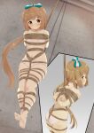  1girl arms_behind_back barefoot bdsm blush bondage bound bound_ankles bound_arms bound_legs bound_torso bound_wrists bow bra brown_eyes brown_hair commission crotch_rope feet from_behind from_below hair_bow hamuta_(machosbrown) highres idolmaster idolmaster_cinderella_girls legs long_hair looking_at_viewer multiple_views navel ponytail restrained ribbon rope shibari skeb_commission soles solo suspension toes underwear very_long_hair yorita_yoshino 