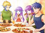  2boys 2girls blue_eyes breasts cup drink earrings eating esper_(saga) facial_mark fingerless_gloves food gloves holding holding_cup human_(saga) jewelry long_hair multiple_boys multiple_girls no_s open_mouth pizza pointy_ears purple_hair saga saga_1 smile 