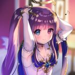  arms_up blue_eyes blurry blurry_background blush bridal_gauntlets dennou_tenshi_djibril eighth_note elbow_gloves gloves halo indoors looking_at_viewer musical_note official_art pico_(p_i_c_o) ponytail purple_eyes purple_hair smile tying_hair upper_body white_gloves 