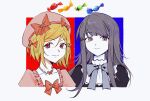  2girls absurdres black_shirt blonde_hair blue_ribbon bow brown_eyes butterfly_necklace chinese_commentary closed_mouth colored_skin commentary_request frederica_bernkastel frills frown grey_hair hair_bow hat hat_bow hat_ribbon highres jewelry lambdadelta long_hair multiple_girls neck_ribbon necklace ououren pink_headwear red_bow red_ribbon ribbon shirt short_hair smile umineko_no_naku_koro_ni white_shirt white_skin 