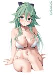  1girl alternate_costume aqua_eyes aqua_hair bare_shoulders bikini blue_eyes blush breasts collarbone cropped_legs ebifurya feet_out_of_frame green_hair hair_between_eyes hair_flaps hair_ornament hair_ribbon hairclip high_ponytail highres kantai_collection large_breasts long_hair looking_at_viewer navel one-hour_drawing_challenge parted_lips ponytail ribbon simple_background solo stomach swimsuit twitter_username white_background white_bikini yamakaze_(kancolle) 