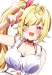  1girl absurdres arm_up black_choker blonde_hair blush breasts choker cleavage crop_top hair_ornament hair_ribbon heterochromia highres hoshikawa_sara hoshikawa_sara_(1st_costume) index_finger_raised long_hair medium_breasts nijisanji open_mouth pome_charo red_eyes ribbon side_ponytail simple_background smile solo star_(symbol) tank_top teeth upper_body upper_teeth_only virtual_youtuber white_background white_tank_top x_hair_ornament yellow_eyes 