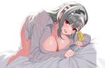  1girl all_fours bandaged_head bandages bed_sheet breasts cleavage commentary goddess_of_victory:_nikke grey_hair hair_ribbon hand_up hanging_breasts highres large_breasts long_hair long_sleeves looking_at_viewer modernia_(first_affection)_(nikke) modernia_(nikke) naked_shirt off_shoulder on_bed open_mouth red_eyes ribbon see-through see-through_shirt shirt simple_background single_bare_shoulder sleeves_past_fingers sleeves_past_wrists solo thighs white_background white_shirt xi_oshir1 yellow_ribbon 