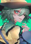  1girl 33_gaff black_headwear frills green_eyes green_hair grin hat komeiji_koishi shirt short_hair smile solo teeth touhou yellow_shirt 