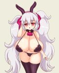  1girl :o adjusting_hair alternate_breast_size animal_ears areola_slip azur_lane black_bra black_panties black_thighhighs bra breasts bright_pupils fake_animal_ears hair_ribbon highres huge_breasts laffey_(azur_lane) lingerie long_hair micro_bra nav_(itsnav) panties plump rabbit_ears red_eyes ribbon shortstack simple_background solo thighhighs twintails underwear underwear_only very_long_hair white_hair white_pupils 