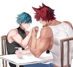  2boys animal_ears aphelios bara black_nails black_tank_top blue_hair blue_pants blush brown_hair closed_mouth couple heartsteel_(league_of_legends) heartsteel_aphelios heartsteel_sett highres holding league_of_legends male_focus manicure multiple_boys muscular muscular_male nail_polish nail_polish_brush painting_nails pants scar scar_on_face scar_on_nose sett_(league_of_legends) short_hair tank_top tzar_game white_tank_top yaoi 