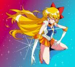  1girl aino_minako back_bow bishoujo_senshi_sailor_moon blonde_hair blue_bow blue_eyes bow choker circlet elbow_gloves gloves gradient_background hair_bow high_heels highres leotard long_hair miniskirt one_eye_closed orange_choker orange_footwear orange_sailor_collar orange_skirt pleated_skirt potiri02 red_bow sailor_collar sailor_senshi_uniform sailor_venus shirt skirt solo squatting white_gloves white_leotard white_shirt yellow_bow 