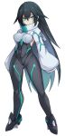  1girl aqua_eyes black_bodysuit black_hair bodysuit breasts covered_navel full_body gundam gundam_build_divers gundam_build_divers_re:rise hair_between_eyes highres impossible_bodysuit impossible_clothes karukan_(monjya) large_breasts long_hair looking_at_viewer may_(gundam_build_divers_re:rise) shrug_(clothing) skin_tight solo very_long_hair white_background 