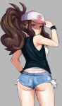  1girl absurdres ass awesomeerix back bare_shoulders baseball_cap black_vest blue_eyes blush breasts brown_hair denim denim_shorts hat high_ponytail highres hilda_(pokemon) long_hair looking_at_viewer looking_back medium_breasts pokemon pokemon_(game) pokemon_bw shorts sidelocks smile solo thighs vest wristband 