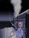  1girl blue_hair bow chouzetsusaikawa_tenshi-chan commentary_request eencya from_behind ginga_tetsudou_no_yoru grey_hair ground_vehicle hair_bow locomotive long_hair long_sleeves multicolored_hair needy_girl_overdose night outdoors pink_hair pixel_art pleated_skirt quad_tails railroad_tracks sailor_collar school_uniform serafuku skirt sky solo star_(sky) starry_sky steam_locomotive surreal train upper_body very_long_hair 