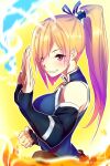  1girl avatar_legends blonde_hair clenched_hands cosplay deviantart_username fire gemmaqw highres kawakami_mai korra korra_(cosplay) martial_arts musaigen_no_phantom_world ponytail purple_eyes raised_fist smirk the_legend_of_korra water wind yellow_background 