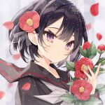  1girl absurdres black_hair black_sailor_collar black_shirt blurry blurry_background camellia closed_mouth commentary_request depth_of_field flower grey_neckerchief highres holding holding_flower looking_at_viewer minasenagi neckerchief original petals purple_eyes red_flower sailor_collar school_uniform serafuku shirt snow snowing solo upper_body 