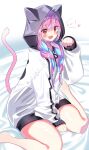  1girl :d animal_ears animal_hood barefoot bed_sheet blue_hair blunt_bangs braid cat_ears cat_tail eyelashes feet_out_of_frame highres hololive hood hood_up hoodie legs light_blue_hair long_hair looking_at_viewer low_twin_braids madai_(mappy) minato_aqua multicolored_hair open_mouth paw_pose paw_print purple_eyes red_eyes sitting sleeves_past_wrists smile solo streaked_hair tail teeth thighs twin_braids upper_teeth_only virtual_youtuber wariza white_hoodie 