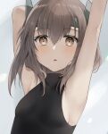  1girl armpits arms_up breasts brown_eyes brown_hair commentary_request commission hatomaru_(hatomaru56) headband headgear highres kantai_collection medium_hair skeb_commission sleeveless sleeveless_turtleneck small_breasts solo taihou_(kancolle) turtleneck upper_body 