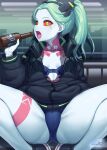  1girl alcohol beer bottle cyberpunk_(series) cyberpunk_edgerunners gonster green_hair highres jacket open_mouth rebecca_(cyberpunk) red_eyes solo tongue twintails 