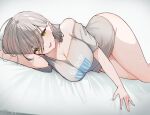  1girl blush breasts green_eyes grey_hair hair_between_eyes hololive large_breasts long_hair looking_at_viewer lying on_side shirogane_noel shirt single_bare_shoulder smile solo thighs uo_illust virtual_youtuber 