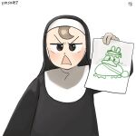  1girl brown_hair child&#039;s_drawing diva_(hyxpk) froggy_nun_(diva) habit highres holding holding_paper numbered nun original paper simple_background triangle_mouth white_background 