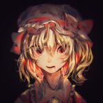  1girl black_background blonde_hair blood blood_from_mouth blurry collared_shirt dark_background depth_of_field flandre_scarlet frilled_shirt_collar frills hair_between_eyes hat hat_ribbon irohatomo looking_at_viewer medium_hair mob_cap one_side_up open_mouth red_eyes red_ribbon ribbon shirt simple_background solo touhou white_headwear white_shirt 