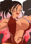  1girl black_eyes black_hair boku_no_hero_academia breasts damos_(child_flame) fighting hair_pulled_back highres large_breasts leotard long_hair open_mouth ponytail red_leotard sleeveless solo superhero sweat yaoyorozu_momo 