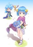  1boy 1girl 2others absurdres belt_pouch blue_cape blue_eyes blue_hair blue_tunic blunt_bangs blush boots bow bow_panties breasts brother_and_sister cape child closed_eyes clothes_lift commentary_request dragon dragon_kid_(dragon_quest) dragon_quest dress dress_lift ear_piercing female_child full_body green_bow hair_bow hero&#039;s_daughter_(dq5) hero&#039;s_son_(dq5) highres lifted_by_self male_child multiple_others paid_reward_available panties piercing pink_panties ponytail pouch purple_cape red_bow short_hair siblings slime_(creature) slime_(dragon_quest) small_breasts standing sword tenjou_ryuka underwear weapon white_dress white_footwear 