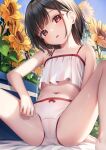  1girl bare_arms bare_legs bare_shoulders barefoot black_hair blue_sky bow bow_panties breasts camisole collarbone commentary_request day feet_out_of_frame flower head_tilt highres looking_at_viewer navel original outdoors panties parted_lips red_eyes revision sky small_breasts solo sunflower underwear underwear_only white_camisole white_panties yan_(nicknikg) yellow_flower 