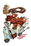  1girl amatuki artist_name bamboo_steamer baozi bare_shoulders box brown_eyes brown_hair carrying china_dress chinese_clothes dated delivery dress floating_hair food food_delivery_box guilty_gear guilty_gear_xrd hair_ornament hairclip highres kuradoberi_jam long_hair looking_at_viewer motor_vehicle motorcycle open_mouth simple_background solo thigh_strap thighs twitter_username v-shaped_eyebrows white_background wide_sleeves wind wind_lift 