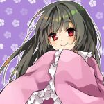  1girl black_hair blush flower houraisan_kaguya japanese_clothes long_hair long_sleeves looking_at_viewer purple_background red_eyes smile solo sugu016406 touhou 