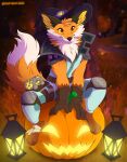  2023 absurd_res anthro canid canine clothed clothing digital_media_(artwork) dipstick_tail epic_games fennix_(fortnite) food fortnite fox fruit fur gloves halloween handwear hat headgear headwear hi_res holidays jack-o&#039;-lantern jumpsuit leo-wolf male mammal markings orange_body orange_eyes orange_fur plant pumpkin red_fox sitting sitting_on_pumpkin solo tail tail_markings tuft white_body white_fur witch_hat yellow_sclera 