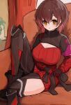  0lutid8fh4nfakv 1girl black_footwear black_ribbon breast_cutout breasts brown_hair couch cropped_jacket crossed_bangs curtains gloves gradient_hair hair_between_eyes highres hololive indoors jacket joints large_breasts light_blush multicolored_hair on_couch open_mouth red_sweater ribbed_sweater ribbon roboco-san robot_girl robot_joints short_hair sitting solo sweater turtleneck turtleneck_jacket tying virtual_youtuber yellow_eyes 
