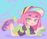  black_shirt blush boots dithered_background dithering drooling green_eyes green_hair hair_ornament harmony_(splatoon) hat inkling inkling_girl looking_at_viewer lying minimilieu on_stomach pink_hair pixel_art scrunchie shirt shorts splatoon_(series) star_(symbol) t-shirt tentacle_hair thick_eyebrows 