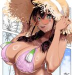  1girl adjusting_clothes adjusting_headwear bikini bikini_top_only braid breasts brown_hair commentary_request earrings green_eyes hat highres jewelry kono_manga_no_heroine_wa_morisaki_amane_desu large_breasts looking_at_viewer morisaki_amane nekoguchi open_mouth sideboob sun_hat sunglasses swimsuit tan tanlines twin_braids upper_body 