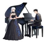  1boy 1girl absurdres angelica_(library_of_ruina) black_cape black_choker black_dress black_eyes black_footwear black_hair black_jacket black_pants black_suit blue_eyes breasts cape choker cleavage commission dress formal full_body grand_piano highres instrument jacket library_of_ruina long_hair pants parted_lips piano pmoon_muk project_moon roland_(library_of_ruina) second-party_source see-through_cape shirt shoes simple_background smile sparkle stool strapless strapless_dress suit very_long_hair white_background white_hair white_shirt 