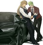  2boys achilles_(fate) black_car black_pants black_vest book brown_hair car chiron_(fate) collared_shirt curtained_hair dress_shirt dress_shoes fate/apocrypha fate_(series) green_hair jacket konoe_ototsugu long_hair long_sleeves low-tied_long_hair motor_vehicle multiple_boys necktie pants pointing shirt striped striped_jacket teacher_and_student vertical-striped_jacket vertical_stripes vest watch white_shirt wristwatch 