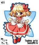  1girl ascot blue_wings blush chibi dress fairy fairy_wings hair_ribbon long_sleeves looking_at_viewer purple_eyes red_dress red_hair red_ribbon ribbon simple_background solo sunny_milk takasegawa_yui tiara touhou two_side_up white_background wings yellow_ascot 
