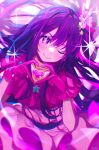  1girl artist_name belt closed_mouth commentary dress eyelashes gem gloves hair_between_eyes hair_ornament hair_ribbon hands_up heart heart_hands highres hoshino_ai_(oshi_no_ko) idol jewelry lips long_hair looking_at_viewer lucidsky multicolored_eyes multicolored_hair one_eye_closed oshi_no_ko pink_dress pink_eyes pink_gemstone pink_gloves pink_hair pink_ribbon purple_belt purple_eyes purple_hair rabbit_hair_ornament ribbon short_sleeves sidelocks simple_background sleeveless sleeveless_dress smile solo sparkle standing star-shaped_pupils star_(symbol) star_hair_ornament star_print symbol-shaped_pupils turtleneck turtleneck_dress two-tone_hair v-shaped_eyebrows white_background white_ribbon 