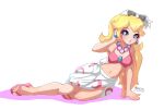  1girl :d absurdres bikini blonde_hair blue_eyes breasts brooch cleavage day eyewear_on_head flower flower_necklace highres jewelry large_breasts lips looking_at_viewer mario_(series) moon_print navel nin10ja pink_bikini princess_peach sarong smile solo sunglasses super_mario_odyssey swimsuit 