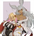  2girls animal_ears bare_shoulders blonde_hair breasts cleavage commission cosplay costume_switch dark_skin draph erune granblue_fantasy grey_hair horns jewelry kumbhira_(granblue_fantasy) large_breasts leotard long_hair makura_(granblue_fantasy) masato_(mirai_koubou) multicolored_hair multiple_girls skeb_commission yellow_eyes 