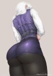  1girl arms_around_waist ass belt black_pantyhose cowboy_shot grey_background hair_over_shoulder highres huge_ass kuon_(kwonchanji) pantyhose patreon_username ponytail purple_shirt rwby shirt signature simple_background solo tight_clothes white_hair white_sleeves winter_schnee 