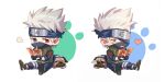  1boy animal black_footwear black_gloves blue_headband blush_stickers book chibi dog fingerless_gloves gloves green_vest grey_eyes grey_hair hatake_kakashi headband heart heterochromia highres holding holding_book male_focus mask mouth_mask multiple_views naruto_(series) nose_bubble pakkun_(naruto) red_eyes sandals scar scar_across_eye short_hair sitting symbol-shaped_pupils tobu_0w0 vest white_background 