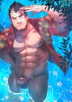  1boy abs bara bare_pectorals black_hair bulge darius_(league_of_legends) facial_hair goatee large_pectorals league_of_legends leaning_to_the_side looking_at_viewer male_focus male_pubic_hair male_swimwear mature_male multicolored_hair muscular muscular_male navel navel_hair nipples open_clothes open_shirt partially_submerged pectorals pubic_hair red_male_swimwear red_shirt rybiok scar scar_across_eye scar_on_face shirt short_hair sideburns solo stomach streaked_hair swim_briefs thick_thighs thighs water wet white_hair 