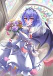 1girl bare_shoulders bat_wings blue_hair bouquet breasts bride cleavage commentary_request dress elbow_gloves fang flower gloves highres holding holding_bouquet indoors looking_at_viewer medium_breasts mizunisabano red_eyes remilia_scarlet shirt short_hair skirt slit_pupils solo stained_glass touhou wedding_dress white_gloves white_shirt white_skirt wings 