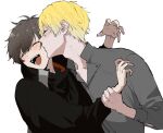  2boys :d ^_^ alban_knox black_jacket blonde_hair blush brown_hair closed_eyes collared_shirt commentary drawstring dress_shirt english_commentary fangs grey_shirt hair_between_eyes hands_up highres holding_another&#039;s_wrist jacket kiss kissing_cheek laughing long_sleeves male_focus mole mole_on_neck multiple_boys nijisanji nijisanji_en open_mouth roro_(roro32b) shirt short_hair simple_background smile sonny_brisko teeth tongue upper_body virtual_youtuber white_background yaoi 