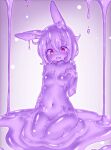  1girl animal_ear_fluff animal_ears breasts colored_sclera colored_skin commission completely_nude curss eyes_visible_through_hair highres indie_virtual_youtuber looking_down melting monster_girl monsterification navel no_nipples nude parted_lips purple_eyes purple_hair purple_sclera purple_skin purple_theme puzzle_pulsar rabbit_ears simple_background sitting skeb_commission slime_(substance) slime_girl slimification solo virtual_youtuber 
