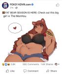  2023 anthro bear beau_(luxurias) belly belly_grab black_bra black_clothing black_underwear bottomwear bra braided_hair breasts brown_bear brown_eyes brown_hair burger clothed clothing cutoffs denim denim_clothing english_text eyelashes female fingers food grabbing_own_belly grizzly_bear hair hi_res holding_burger holding_food holding_object long_hair luxurias mammal navel open_shorts shorts slightly_chubby text underwear ursine 