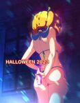  1girl 2023 arms_behind_back ass bikini blue_bikini blue_hair breasts ero_kaeru from_below glowing halloween highres holding jack-o&#039;-lantern jack-o&#039;-lantern_head lana&#039;s_mother_(pokemon) long_hair night outdoors pokemon pokemon_(anime) pokemon_sm_(anime) ponytail shoulder_blades solo standing swimsuit 
