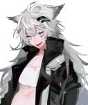  1girl ahoge arknights bandeau black_jacket breasts dal-gi fang grey_eyes grey_hair hair_between_eyes hair_ornament hairclip highres jacket lappland_(arknights) long_sleeves messy_hair open_clothes open_jacket open_mouth scar scar_across_eye simple_background sketch small_breasts solo stomach upper_body white_background white_bandeau 
