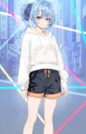  1girl absurdres alternate_costume arms_at_sides black_shorts blue_eyes blue_hair blue_ribbon blush closed_mouth commentary_request double-parted_bangs feet_out_of_frame hair_between_eyes hair_ribbon highres hololive hood hood_down hoodie hoshimachi_suisei looking_at_viewer medium_hair ribbon shorts side_ponytail single_sidelock smile solo star_(symbol) star_in_eye symbol_in_eye virtual_youtuber wakaunderblade7 white_hoodie 