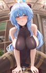 1girl absurdres aether_(genshin_impact) ahoge bannou_ippoutsukou bare_arms bare_shoulders black_leotard black_pantyhose blue_hair blush breasts covered_navel ganyu_(genshin_impact) genshin_impact girl_on_top goat_horns highres horns large_breasts leotard looking_at_viewer pantyhose parted_lips pov purple_eyes sideboob solo solo_focus thighs 